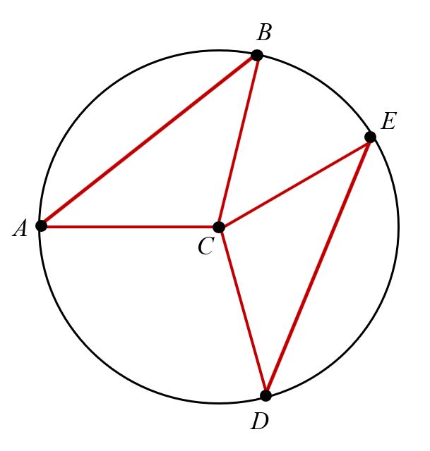 Circle C with points A B E and D on the circle. A chord connects points A and B. A second chord connects points D and E. A line connects the center, point C, to each of the points A, B, E, and D.