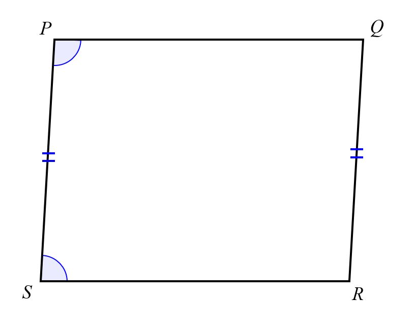 Parallelogram P Q R S. Side P S and side Q R are marked with two ticks. Angle P and angle S are marked with one arc.