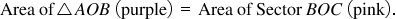 <math style="font-family:'Times New Roman'" xmlns="http://www.w3.org/1998/Math/MathML"><mstyle mathsize="18px"><mi>Area</mi><mo>&#xA0;</mo><mi>of</mi><mo>&#x25B3;</mo><mi>A</mi><mi>O</mi><mi>B</mi><mo>&#xA0;</mo><mfenced><mi>purple</mi></mfenced><mo>&#xA0;</mo><mo>=</mo><mo>&#xA0;</mo><mi>Area</mi><mo>&#xA0;</mo><mi>of</mi><mo>&#xA0;</mo><mi>Sector</mi><mo>&#xA0;</mo><mi>B</mi><mi>O</mi><mi>C</mi><mo>&#xA0;</mo><mfenced><mi>pink</mi></mfenced><mo>.</mo></mstyle></math>